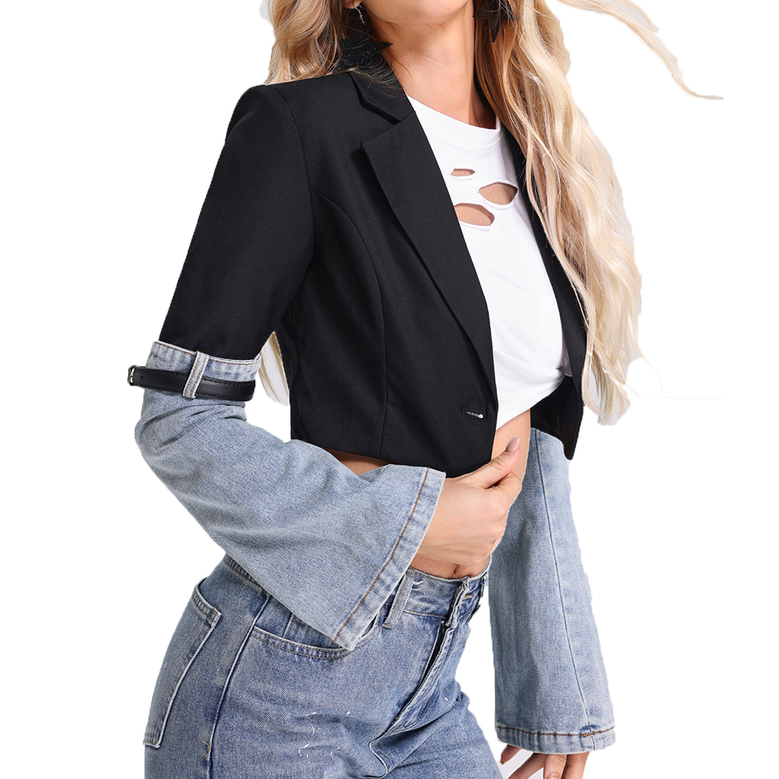 Jean jacket women Fashion Women's Denim Patchwork Blazer Notched Collar Single Button Long Sleeve 2024 Autumn New Short Suit Jackets denim j