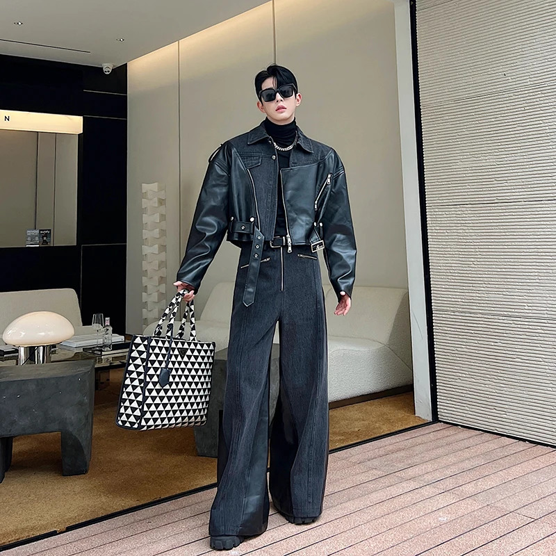 NOYMEI Irregular Washed Denim Patchwork Lapel Short Jacket Wide Leg Pants Mens Twp Pieces Set Autumn Male Suits WA3009 240429