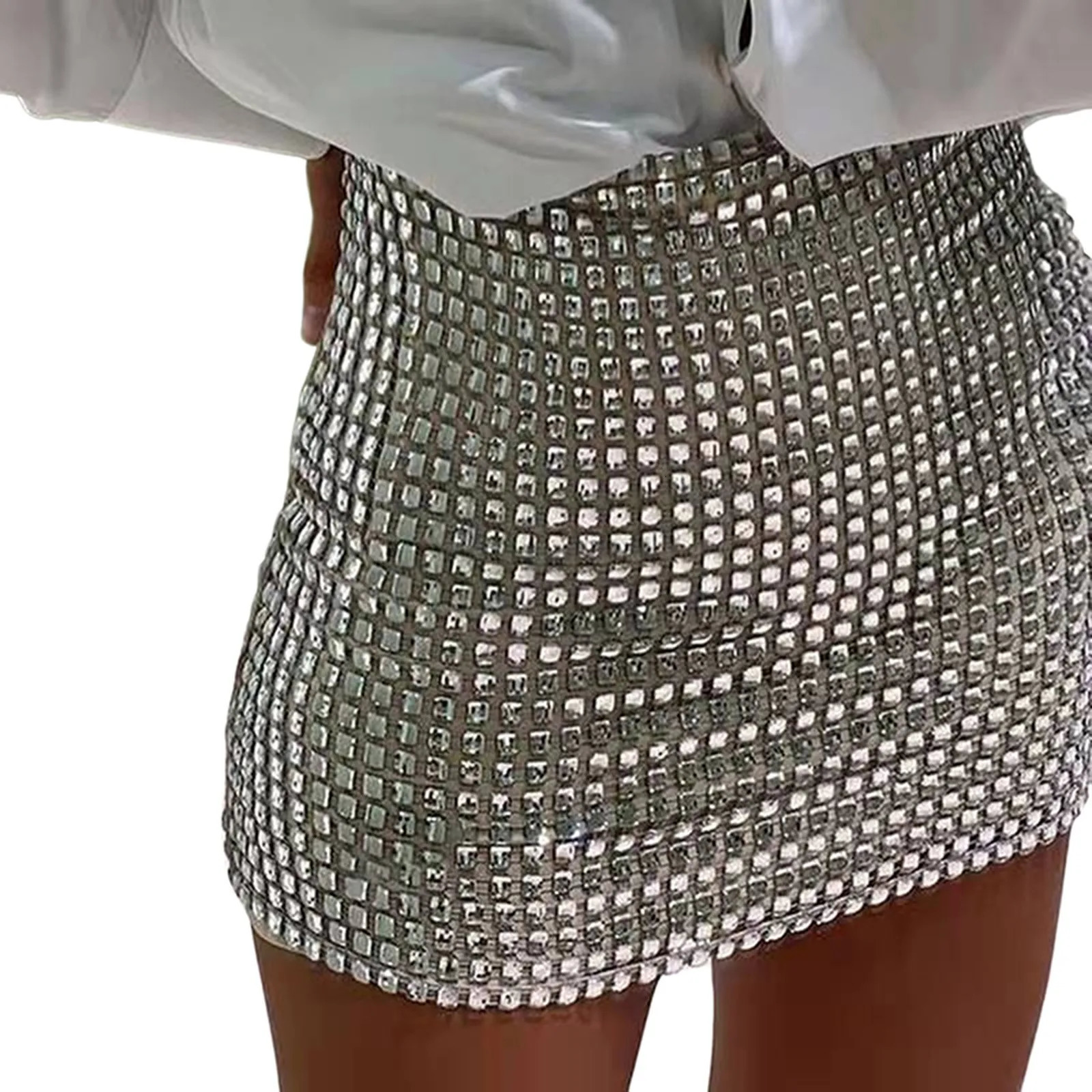 Fashion Diamond Patchwork Tight Package Mini Skirt Summer Sexy Sliver Sequin Nightclub Hip Skirt Women Girls Female Party Wear 240506