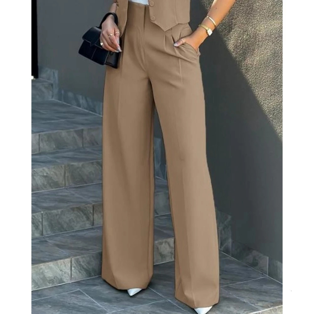 Ensembles Femme Buttoned VNeck Waistcoat Top Wide Leg Pants Sets Business Attire for Women Summer 2 Pieces Set Workwear 240428