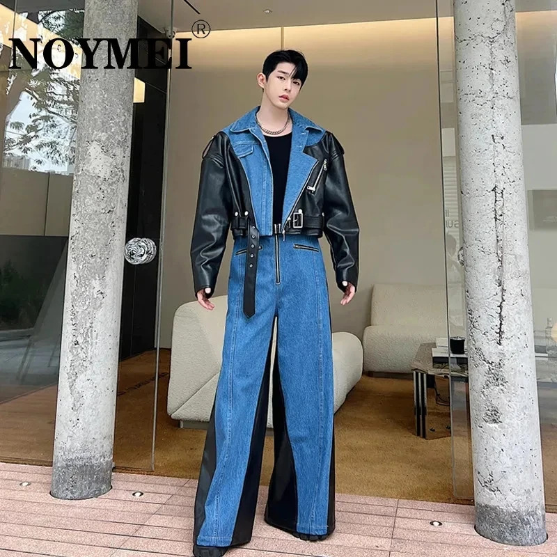 NOYMEI Irregular Washed Denim Patchwork Lapel Short Jacket Wide Leg Pants Mens Twp Pieces Set Autumn Male Suits WA3009 240429