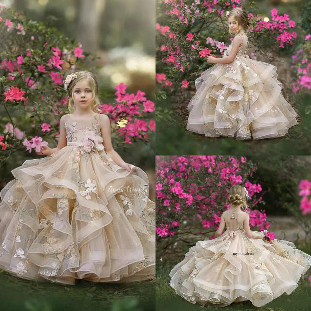 Cute Flower Girl Dresses Jewel Neck Lace Appliques Tiered Skirts Girls Pageant Dress A Line Kids Birthday Gowns 0509
