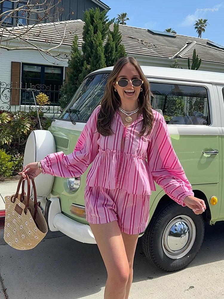 Striped Shorts Suit & Lace Up T-Shirts Set High Waist Wide Leg Pant Summer Holiday Collection