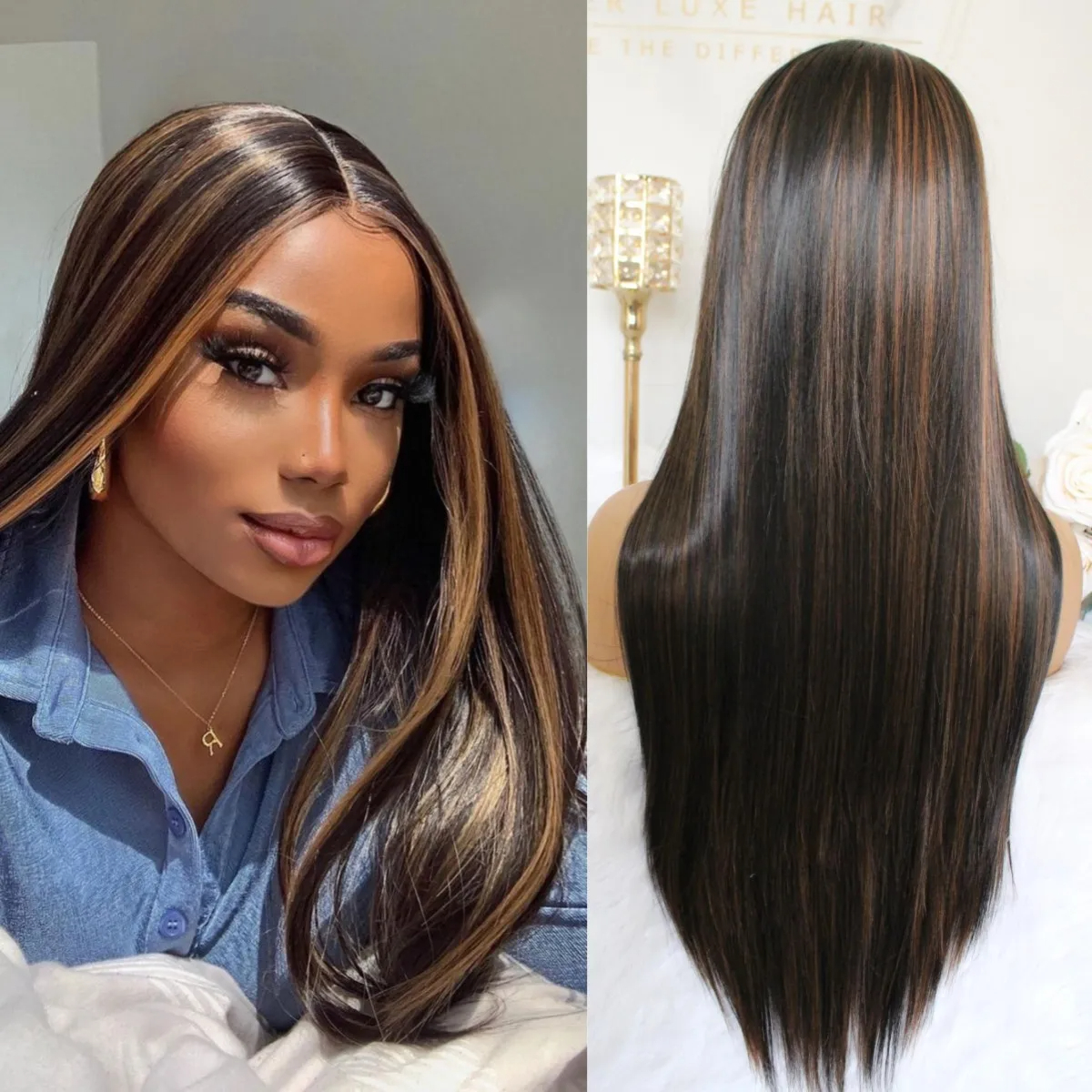 Highlight Brown Lace Front Wig Long Straight Synthetic Lace Wigs For Women Middle Part Highlight Blonde T Part Glueless Lace Wig