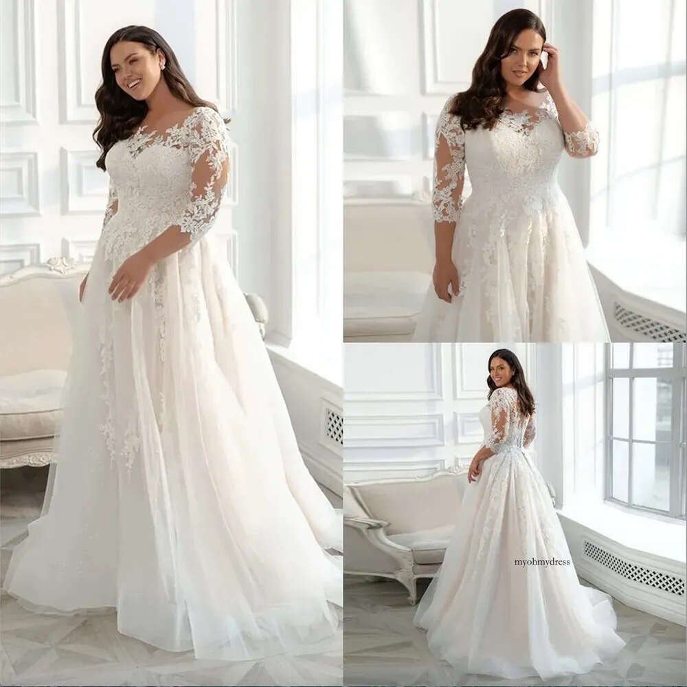 Eleagnt Wedding Dress Plus Size 3/4 Sleeves A Line Tulle Lace Applique Vestido De Noiva Bride Dresses Maternity Women Modest Sheer Scoop Neck Robes Ma