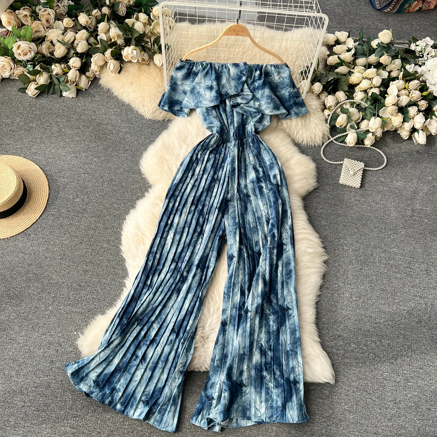 Women Jumpsuit Rompers Summer Casual Dye Off Shoulder Ruffles Laceup Sashes Wide Leg Holidays Loose Jumpsuits 240423