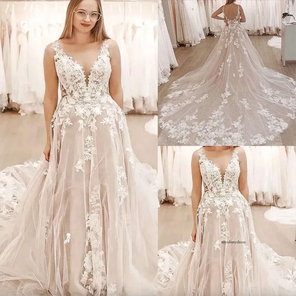2023 Gorgeous Wedding Dresses Bridal Gown V Neck Straps Sleeveless Tulle A Line Lace Applique Custom Made Sweep Train Plus Size Country Beach vestido 