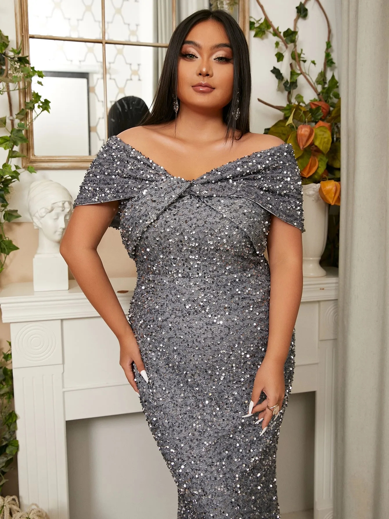 Gray Sequined Plus Size Evening Dresses Off The Shoulder Neckline Prom Gowns Mermaid Floor Length Special Ocn Dress