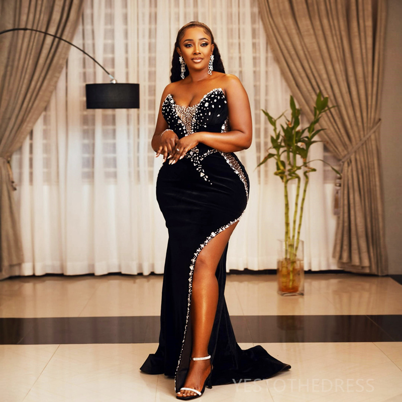 2024 Plus Size Black Prom Dresses for Special Occasions Promdress Illusion Beaded Rhinestones Decorated Side Split Birthday Dress Second Reception Gow