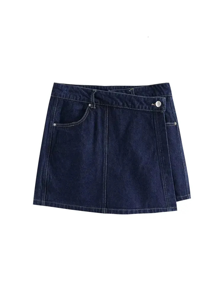 TRAF 2024 Womens Fashion Flip Pocket Decoration Short Collar Slim fit denim Top Asymmetric Denim Skirt 2 Piece Set 240507