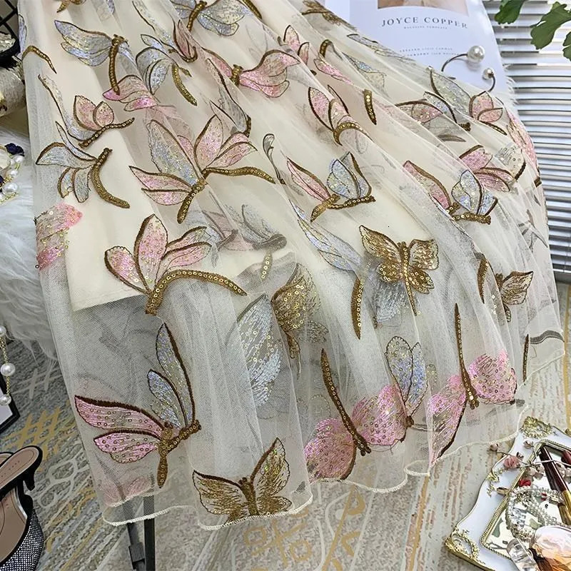 women Tulle Skirts Mesh High wais A line korean style autumn Elegant Sequin Embroidery Long Skirt Spring Summer Female 240506