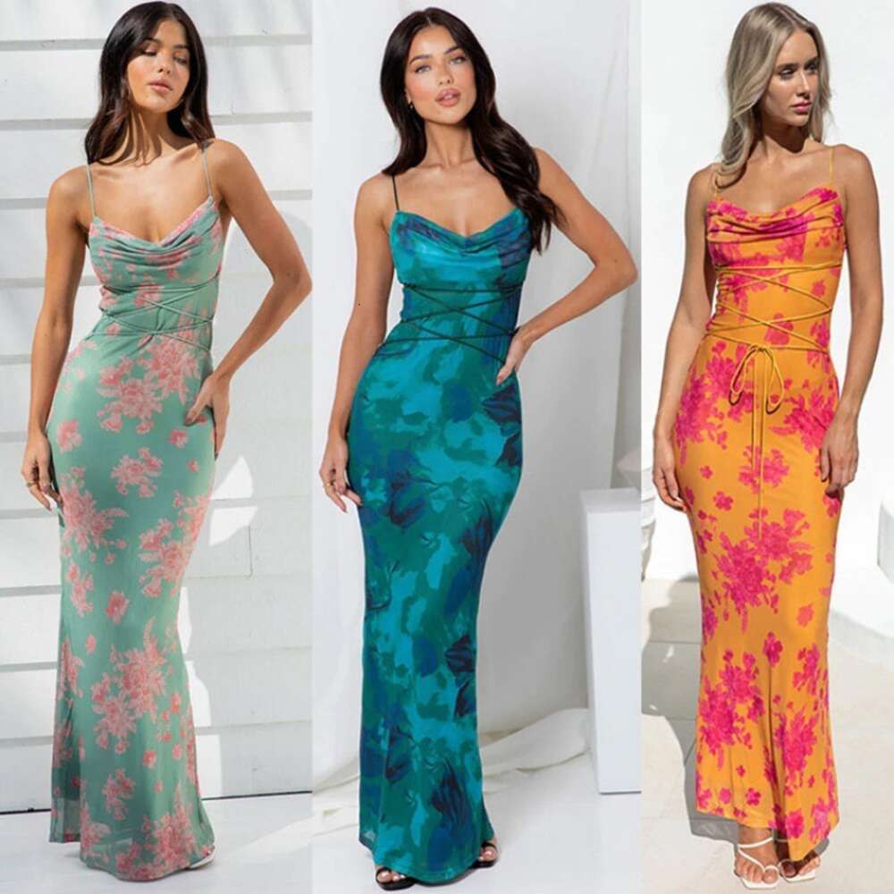 Women's 2024 Spring/Summer New Product Sexy Backless Lace up Slim Fit Printed Hanging Strap Dress F5936