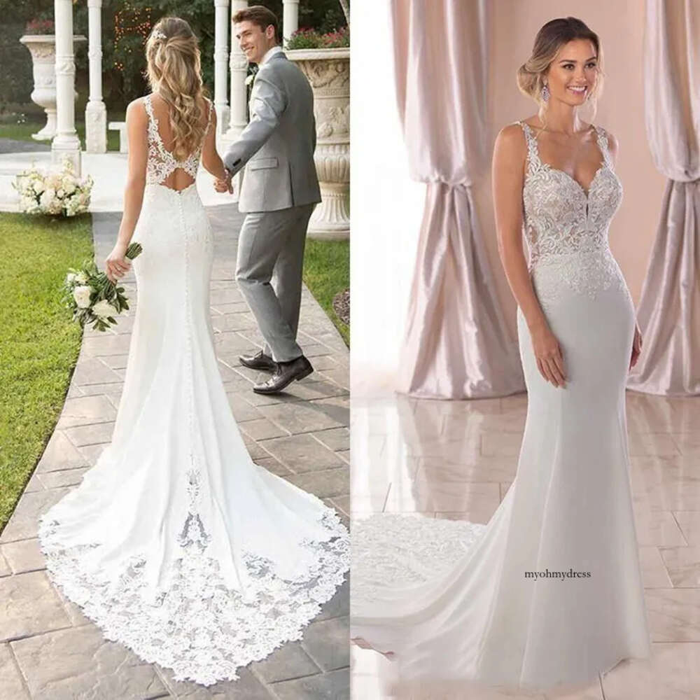 2021 Beach Wedding Dresses Bridal Gown Spaghetti Straps Mermaid Lace Applique Sweep Train Backless Custom Made Vestido de novia 0509