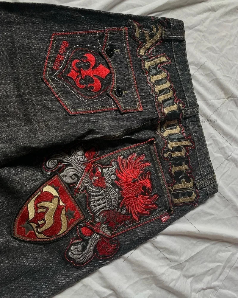 Street vintage alphabet embroidered jeans Men y2k Harajuku Fashion loose pants Couple casual straight leg wide-leg jeans 240429
