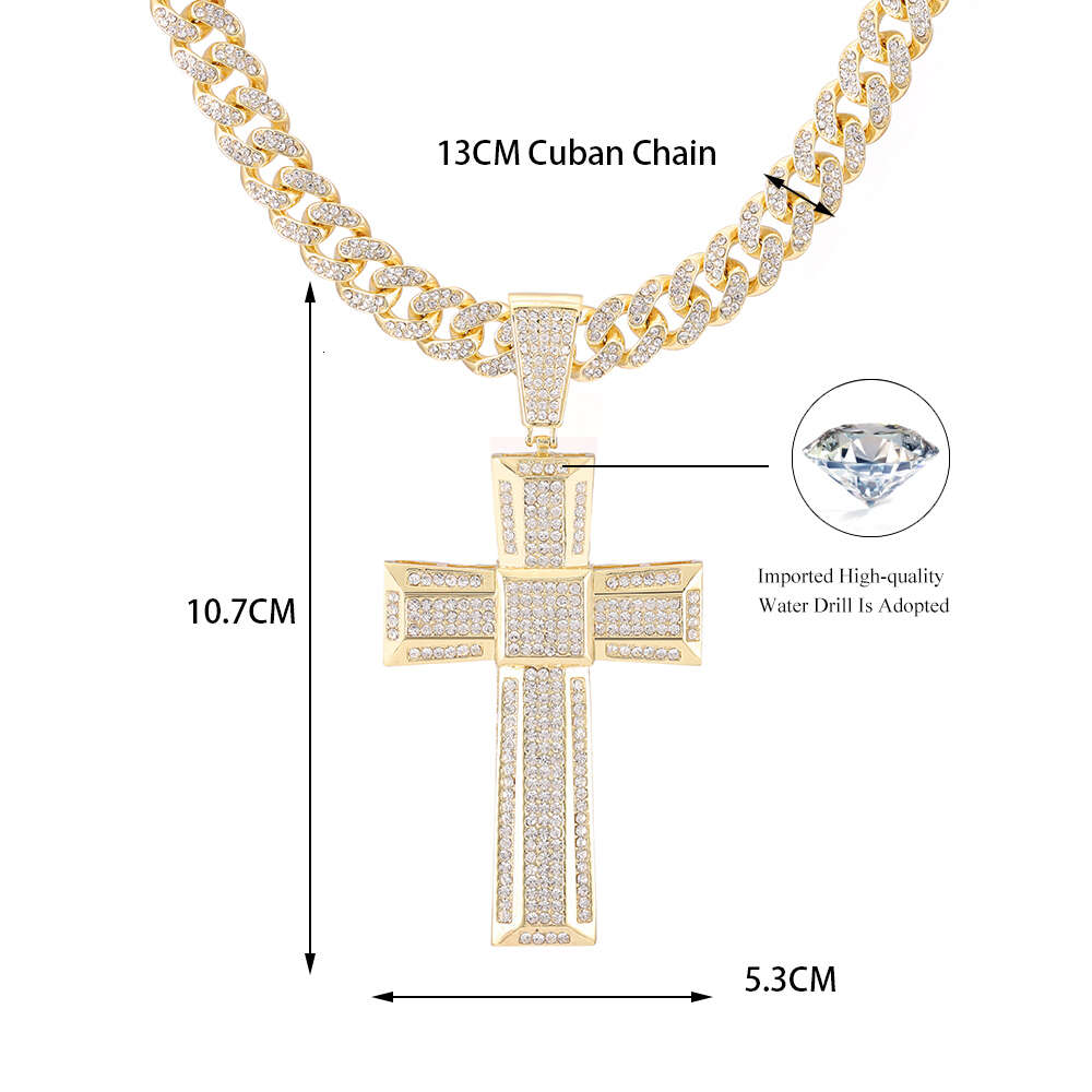 Gold Color Men 13mm Cuban Chain Necklace Iced Out Bling Cross Pendant Hip Hop Jewelry Gift Women