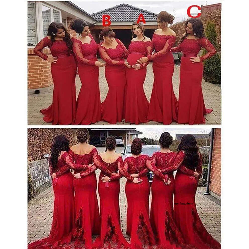 Cheap Dark Red Mermaid Bridesmaid Dresses 2021 New For Weddings Long Sleeves Lace Appliques Sashes Party Sweep Train Maid Honor Gowns 0509