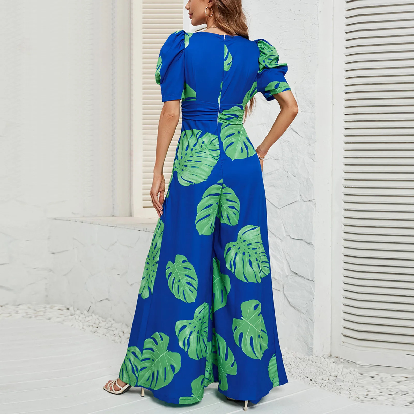 Casual Short Sleeve Jumpsuits Women Elegant Printed Wide Leg Pants Commuting Summer Holiday VNeck Long Rompers 240423