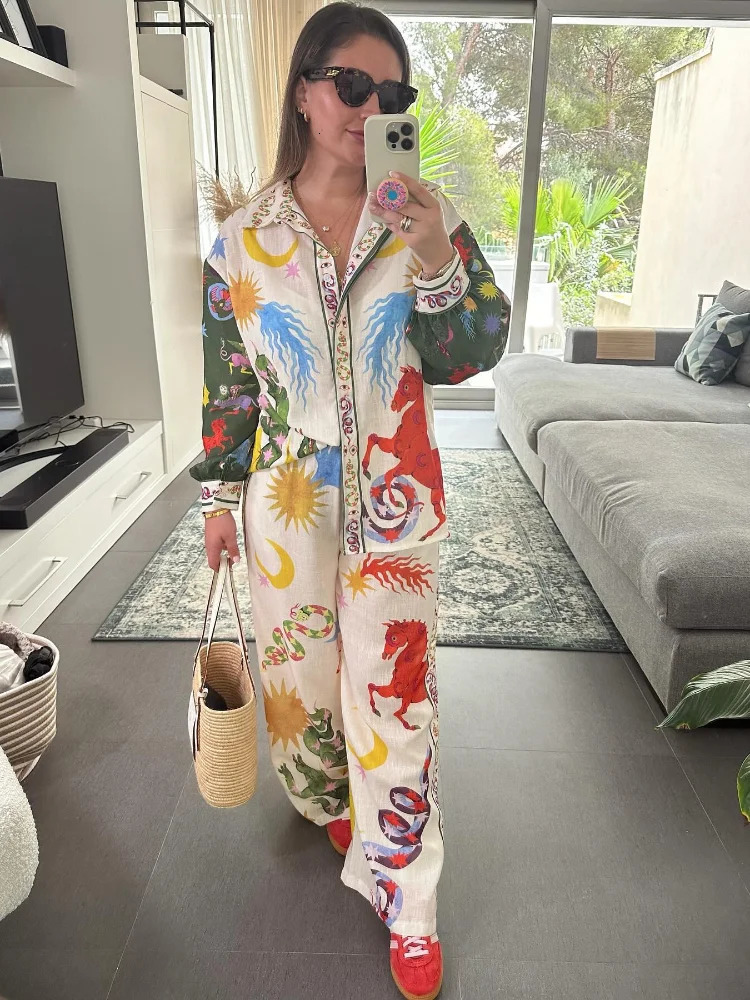 Summer Beach Print Flip Collar Shirt Pants Set Elegant Womens Single breasted Long sleeved Shirt 2-piece Holiday Set 240508