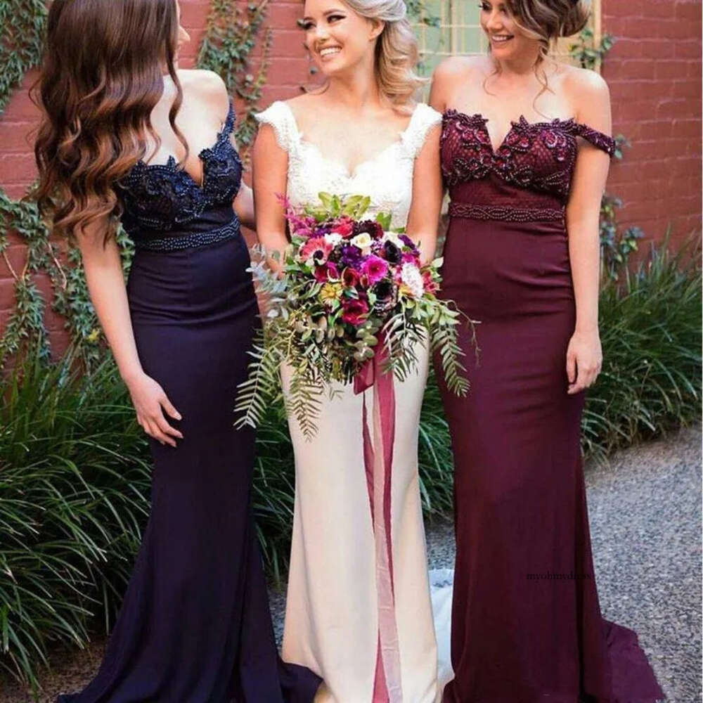 2021 Long Mermaid Bridesmaid Dresses with Beaded Off Shoulder Sash Wedding Guest Dress Maid of Honor Party Gowns 0509