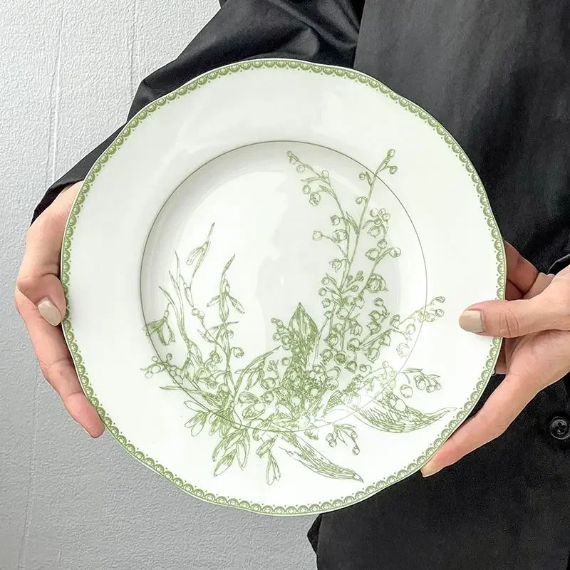 Dishes Plates European Style Jade Green Lily of The Valley Series High-end Exquisite Bone China Western Dining Plate Dessert Plate Tableware 240508 H2
