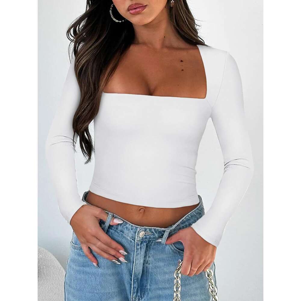 2024 New Women's Long sleeved Solid Color Open Navel Square Neck T-shirt Top F59 20