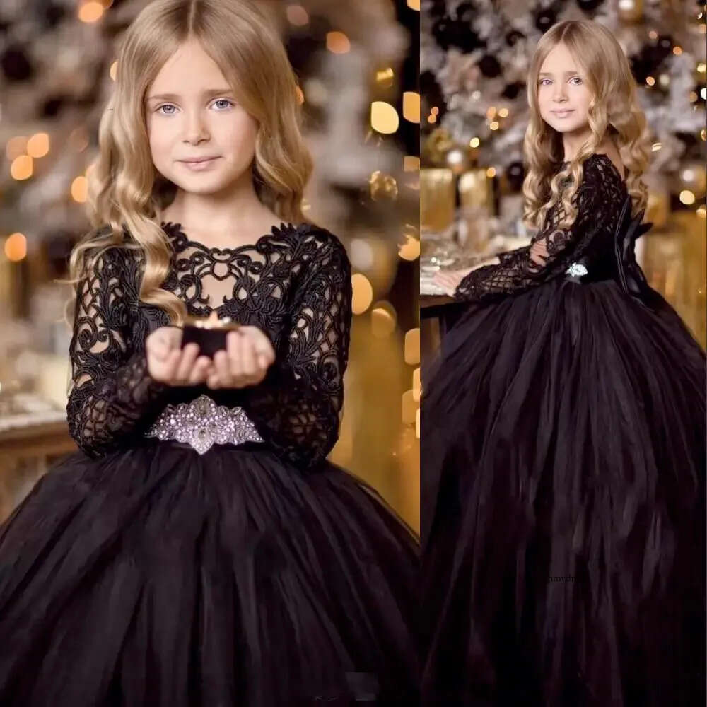 New Cheap Black Ball Gown Pageant Dresses Lace Long Sleeves Crystal Belt Bow Princess Tulle Puffy Kids Flower Girls Birthday Gowns 0509