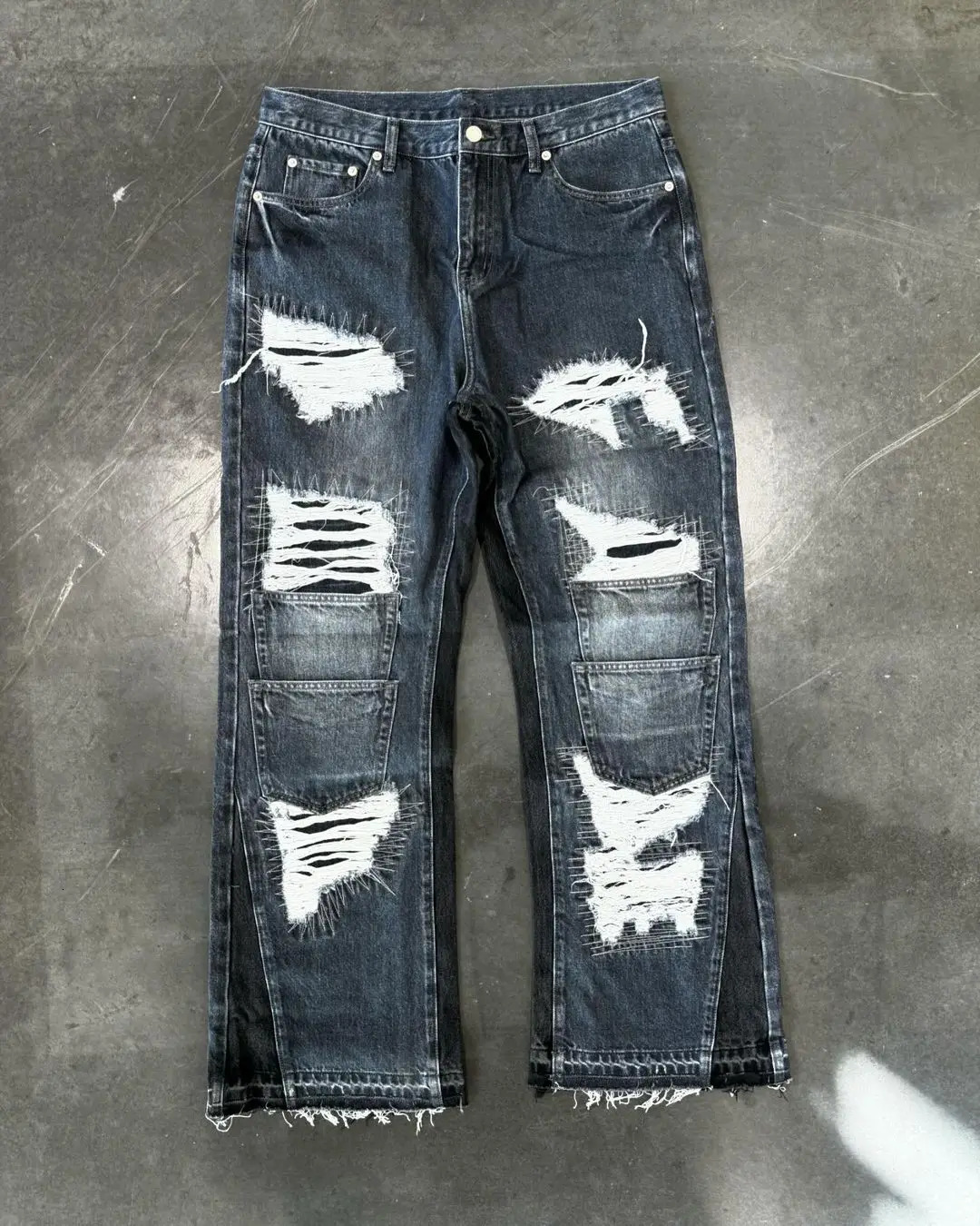 Retro Hip Hop Ripped Baggy Jeans Low Rise Straight Y2k Jeans for Men Letter Pattern Patchwork Denim Trousers Punk Goth Pants 240429