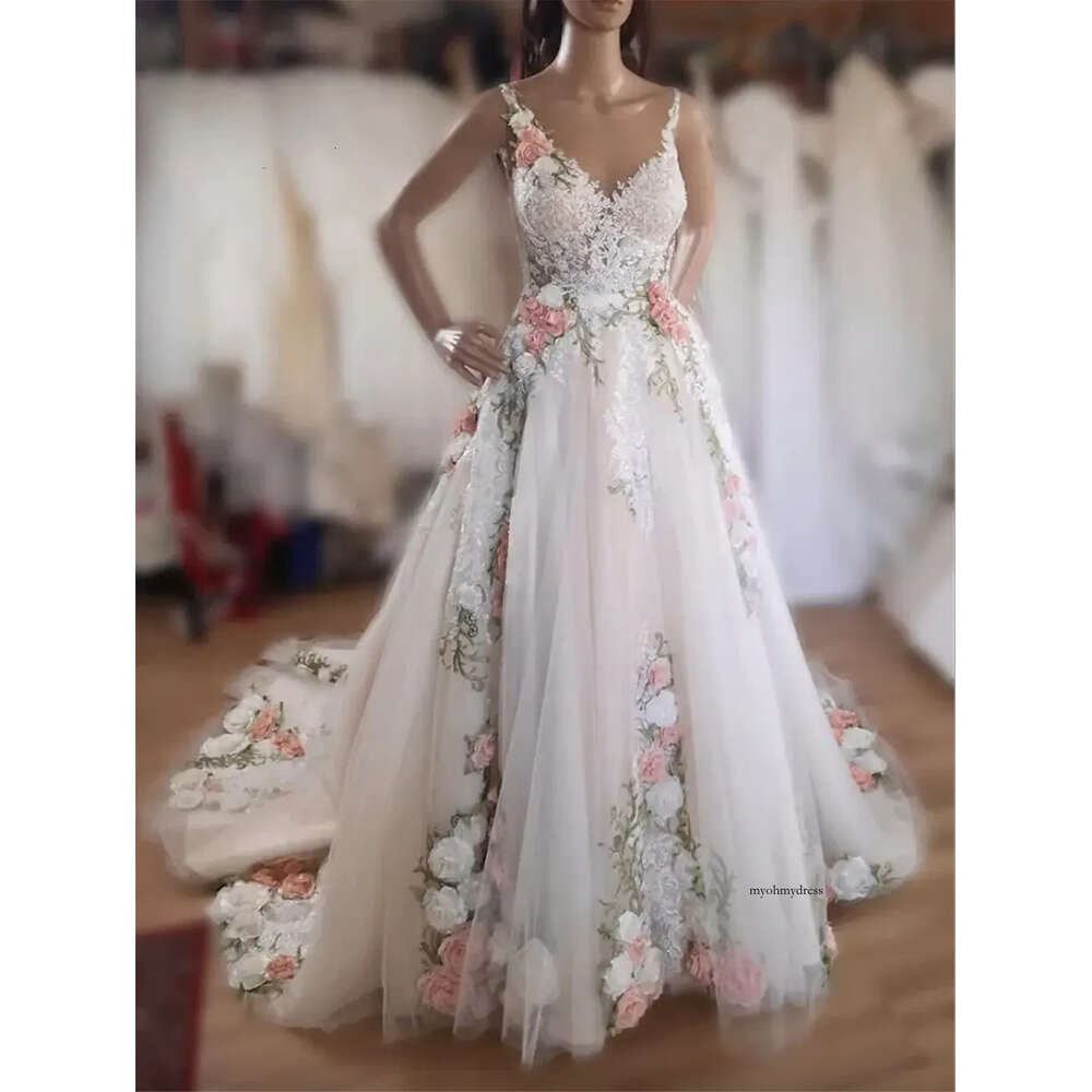 3D Floral Applique Sleeveless V-neck Tulle a-Line Dresses for Women Bridal Wedding Gowns Formal Ocn 0509