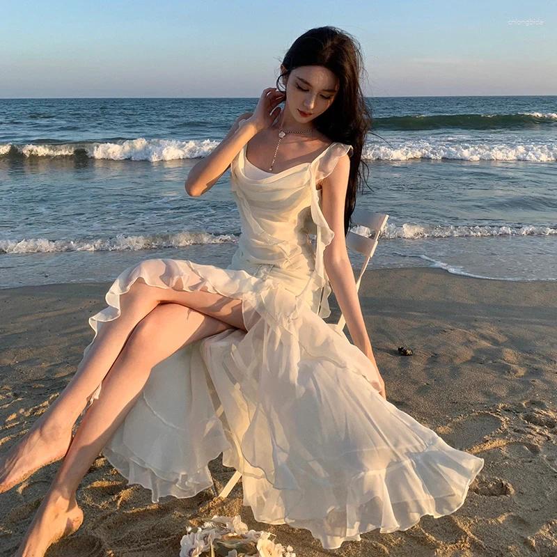 Casual Dresses Beige Elegant Sexy Club Asymmetrical Ruffles Slip For Women Summer Backless Holiday Beach Party Split Long Dress Fashion