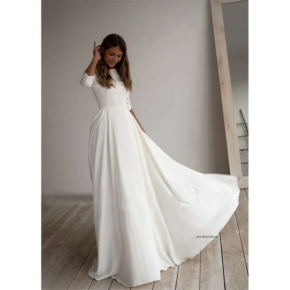 Simple Wedding Dress Long Sleeves A Line Crepe Boat Neck Elegant Bridal Dresses With Pockets Plus Size robe de mariee 0509