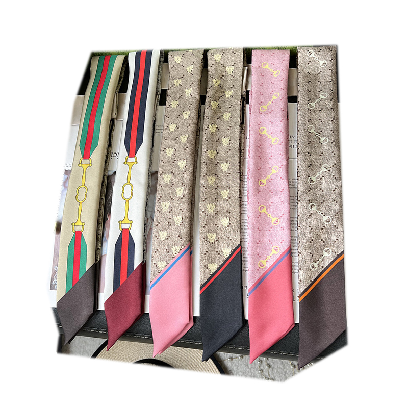 G Scarf Silk Long Slim Narrow Tie Neck Scarf 100% Mulberry Silk Double sided Binding Ribbon Twill Old Flower Scarf