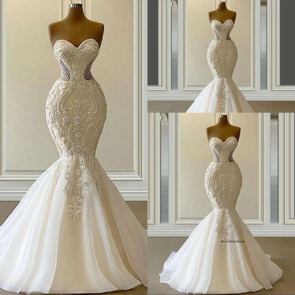 2021 Sexy Vestido De Novia Mermaid Wedding Dresses Formal Bridal Gowns Sweetheart Embroidery Lace Appliques Crystal Beads Illusion Sweep Train Plus Si