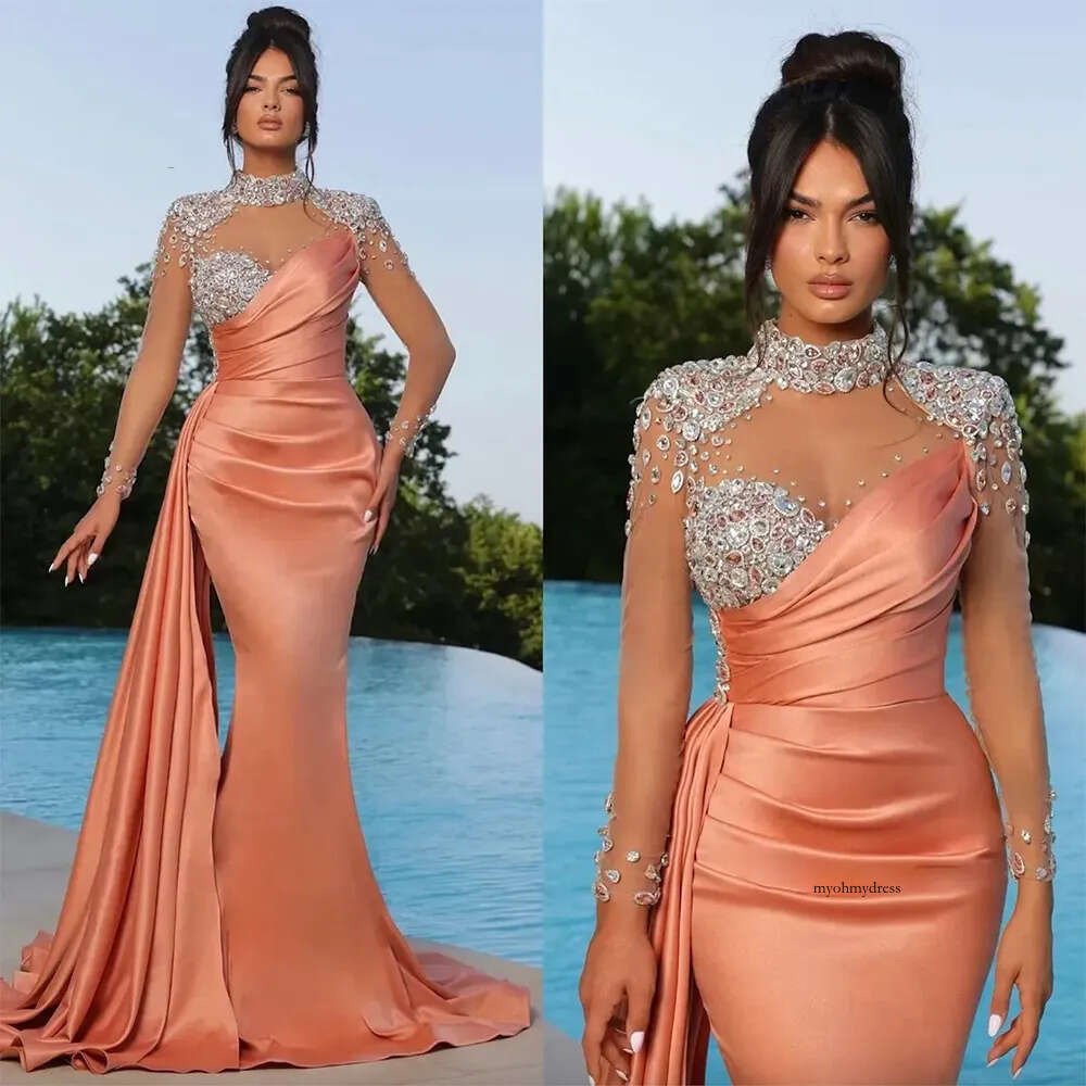 Coral Mermaid Evening Dresses Rhinestones High Collar Party Prom Illusion Sleeves Pleats Long Dress for special ocn 0509