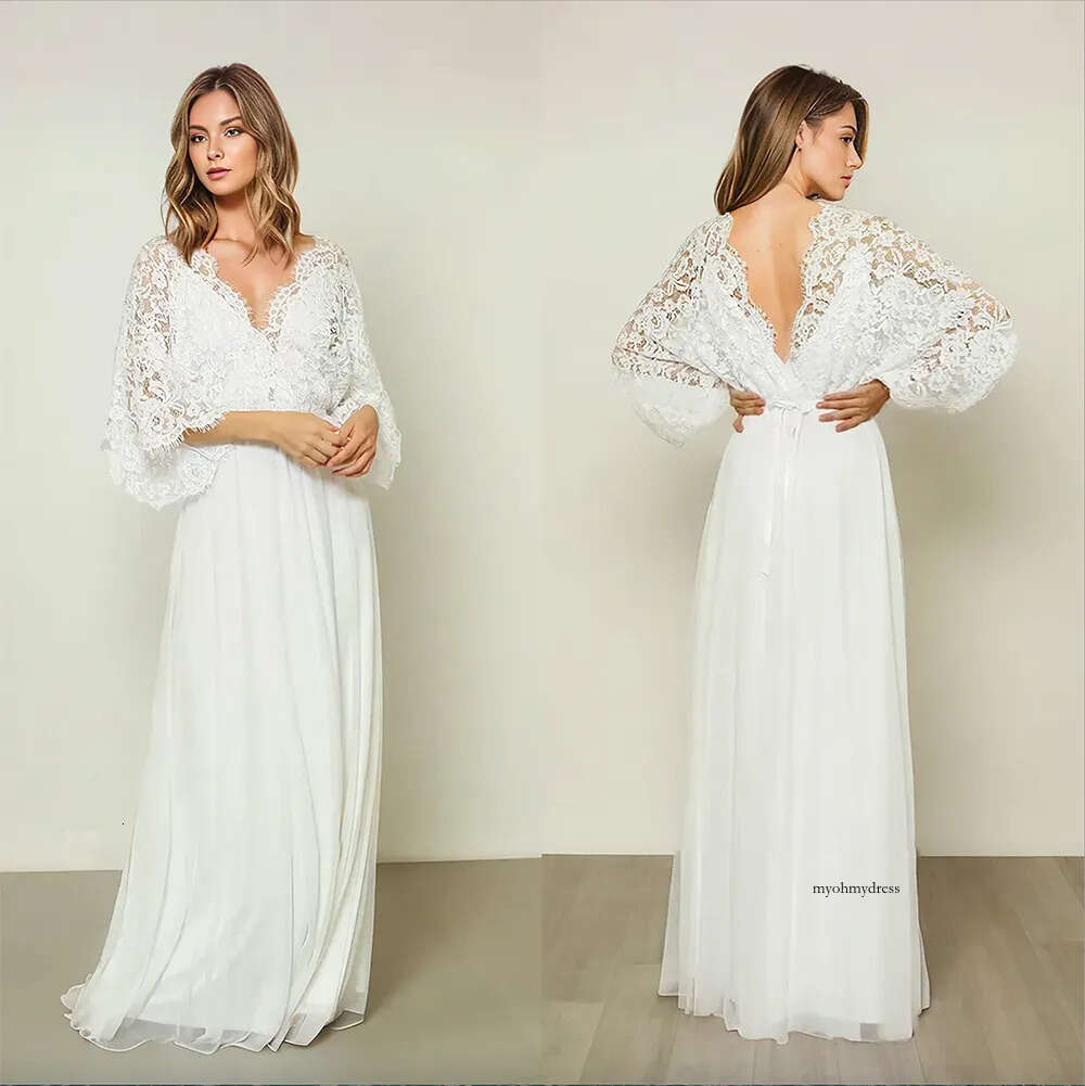 Arabia A Line Wedding Dress V Neck Lace Appliques Long Sleeve Bride Dresses Sweep Train Backless Boho Bridal Gowns 0509
