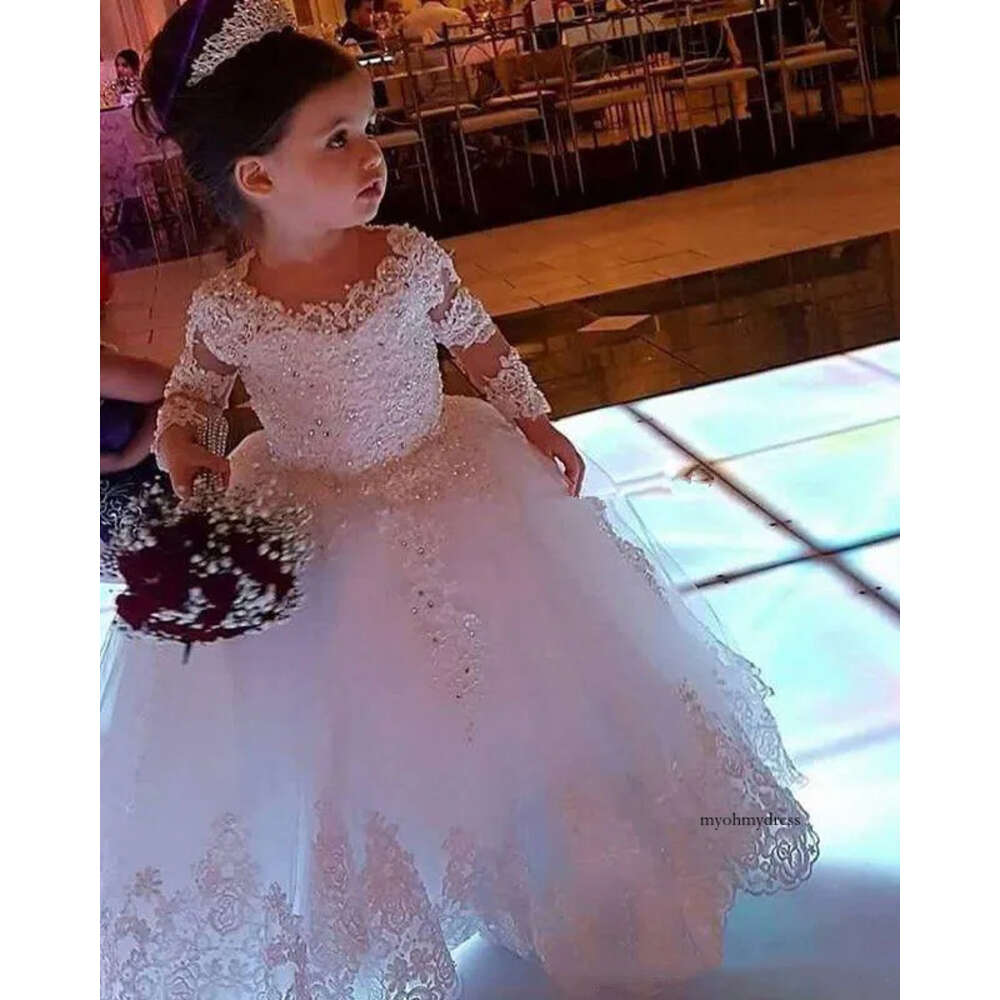 Wedding Sleeve Flower Girls' Crew Neck Lace Applique Communion Dresses Long Floor Tulle Beaded Pageant Party Gowns 0509