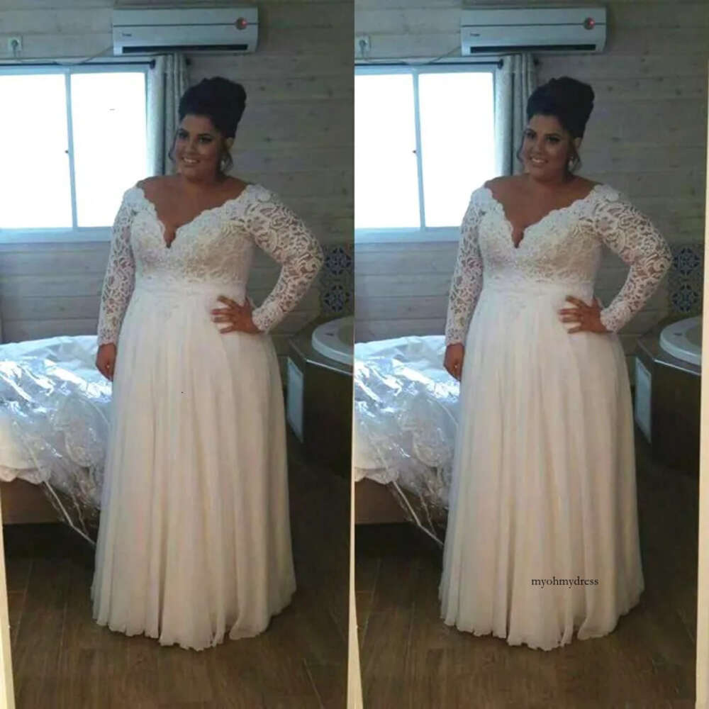Plus Wedding Dresses Lace Top Long Sleeve Deep V Neck Floor Length 2021 New Elegant Bridal Gowns Custom Size 0509