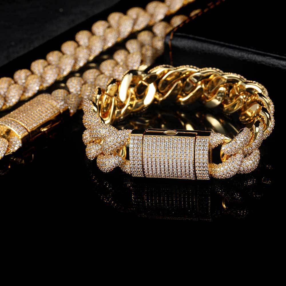14mm/18mm Hip Hop Bubble Cuban Chain Necklace Bracelets 5A T Zircon Mens Gift Jewelry Set