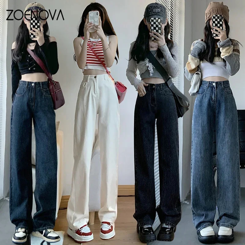 ZOENOVA High Waisted Jeans Y2K Fashion Women Clothing Blue Black Straight Leg Denim Pants Trousers Mom Jean Baggy Tall 240423