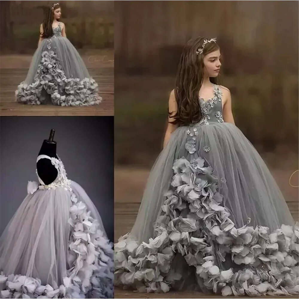 Gorgeous Grey Flower Girl Dresses For Wedding Puffy Tulle Princess Kids Formal Party Communion Gowns With 3D Flowers Toddler Little Girl's Pagean