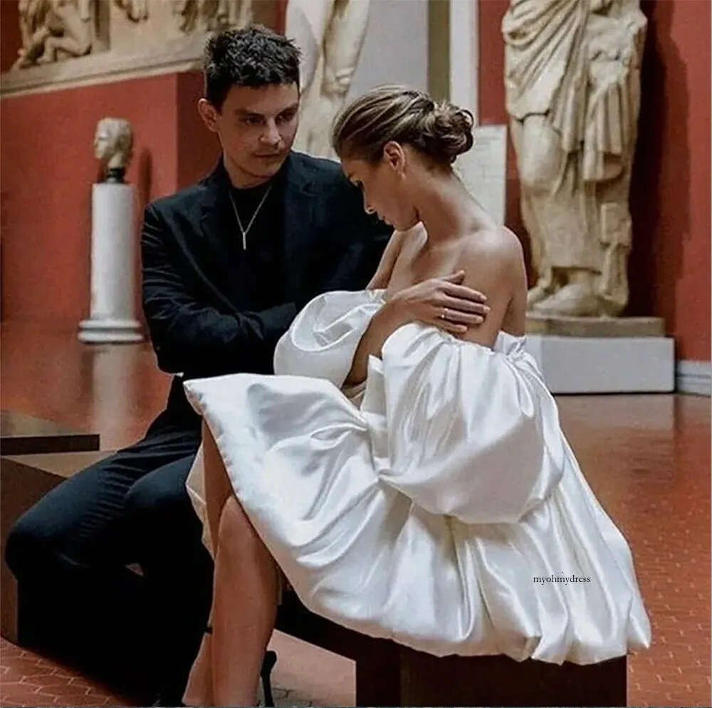 Elegant Short A-Line Wedding Dresses 2024 Detachable Lantern Sleeves Strapless Flower Bud Skirt Satin Bridal Party Birthday Gowns Vestidos De Novia 05