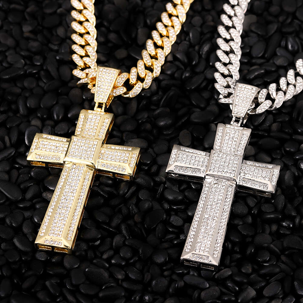 Gold Color Men 13mm Cuban Chain Necklace Iced Out Bling Cross Pendant Hip Hop Jewelry Gift Women