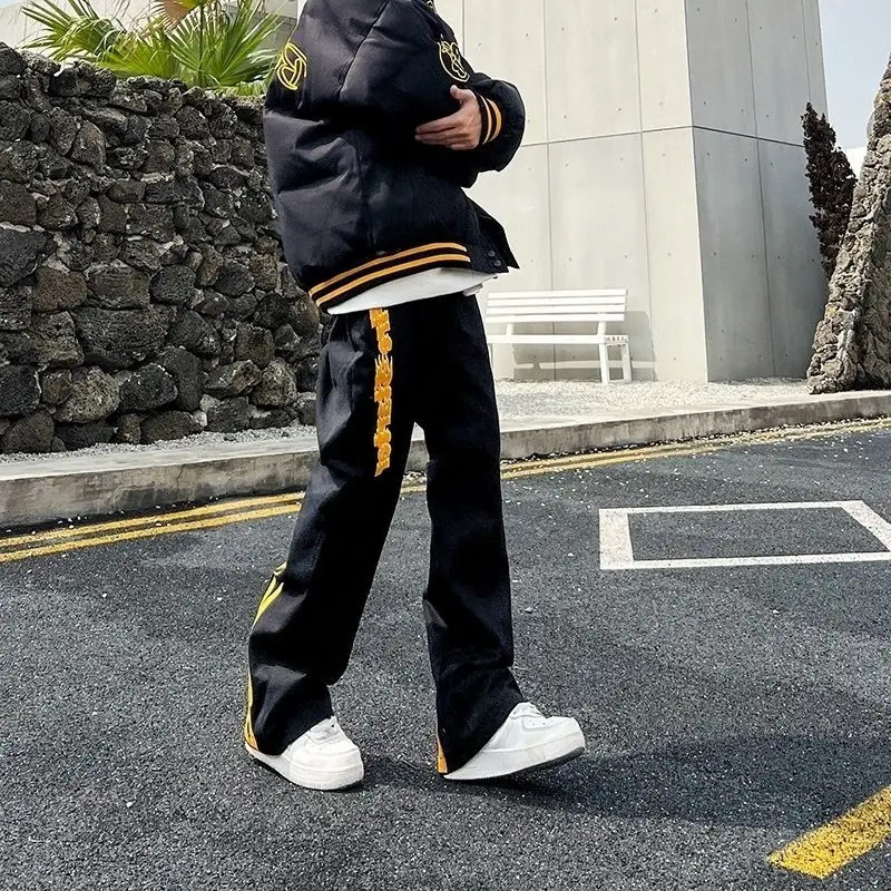 American high street men and women hip-hop personality flame printed straight leg jeans trendy micro flared casual pants y2k 240429