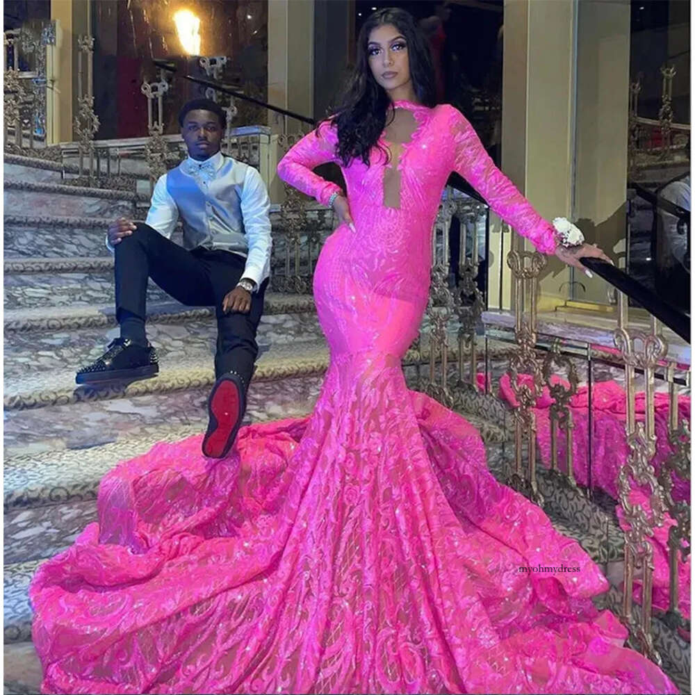 Fuchsia Pink Mermaid Dresses 2024 African Black Girl Long Sleeves Sparkly Sequin Party Prom Dress Plus Size 0509