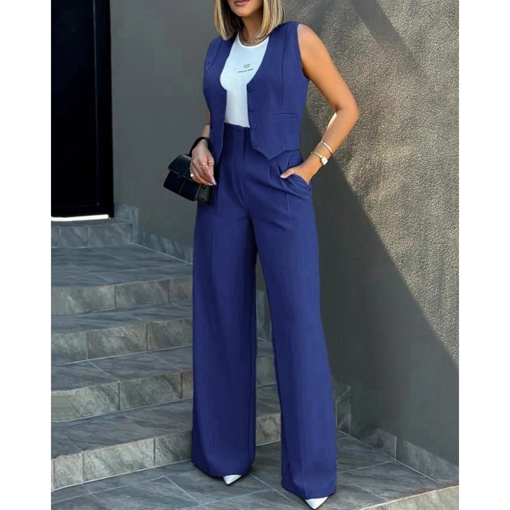 Ensembles Femme Buttoned VNeck Waistcoat Top Wide Leg Pants Sets Business Attire for Women Summer 2 Pieces Set Workwear 240428