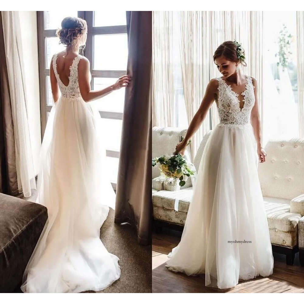 2021 Summer Wedding Dresses V Neck Backless Sweep Train A Line Appliques Lace Beads Garden Beach Boho Country Bridal Gowns robes de mariee Dress 0509