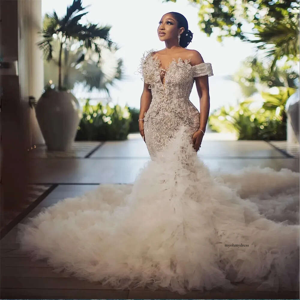 Pearls Beaded Mermaid Wedding Dresses with Ruffled Tulle Train African Bridal Dress Off the Shoulder Formal Ocn Gown 0509