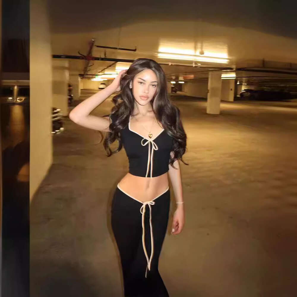 2024 Summer New Women's Fashion Short sleeved Square Neck T-shirt Slim Fit Low Waist Micro Pull Long Pants Set for Women F59 29