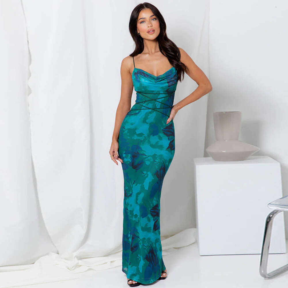 Women's 2024 Spring/Summer New Product Sexy Backless Lace up Slim Fit Printed Hanging Strap Dress F5936