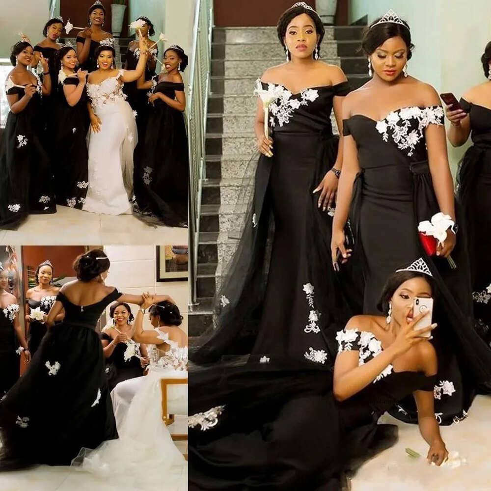 2021 African Black Mermaid Bridesmaid Dresses White Lace Appliques Overskirts Wedding Guest Dress Off the Shoulder Maid of Honor Gowns 0509