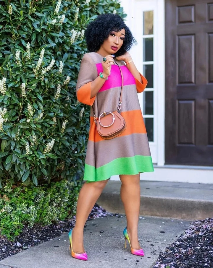 Dresses For Women African Clothes Africa Dress Rainbow Stripe Print Dashiki Clothing Ankara Plus Size Woman 240426
